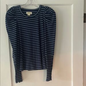 Maeve Striped Navy and White Long Sleeve Tee, button detailing on sleeve